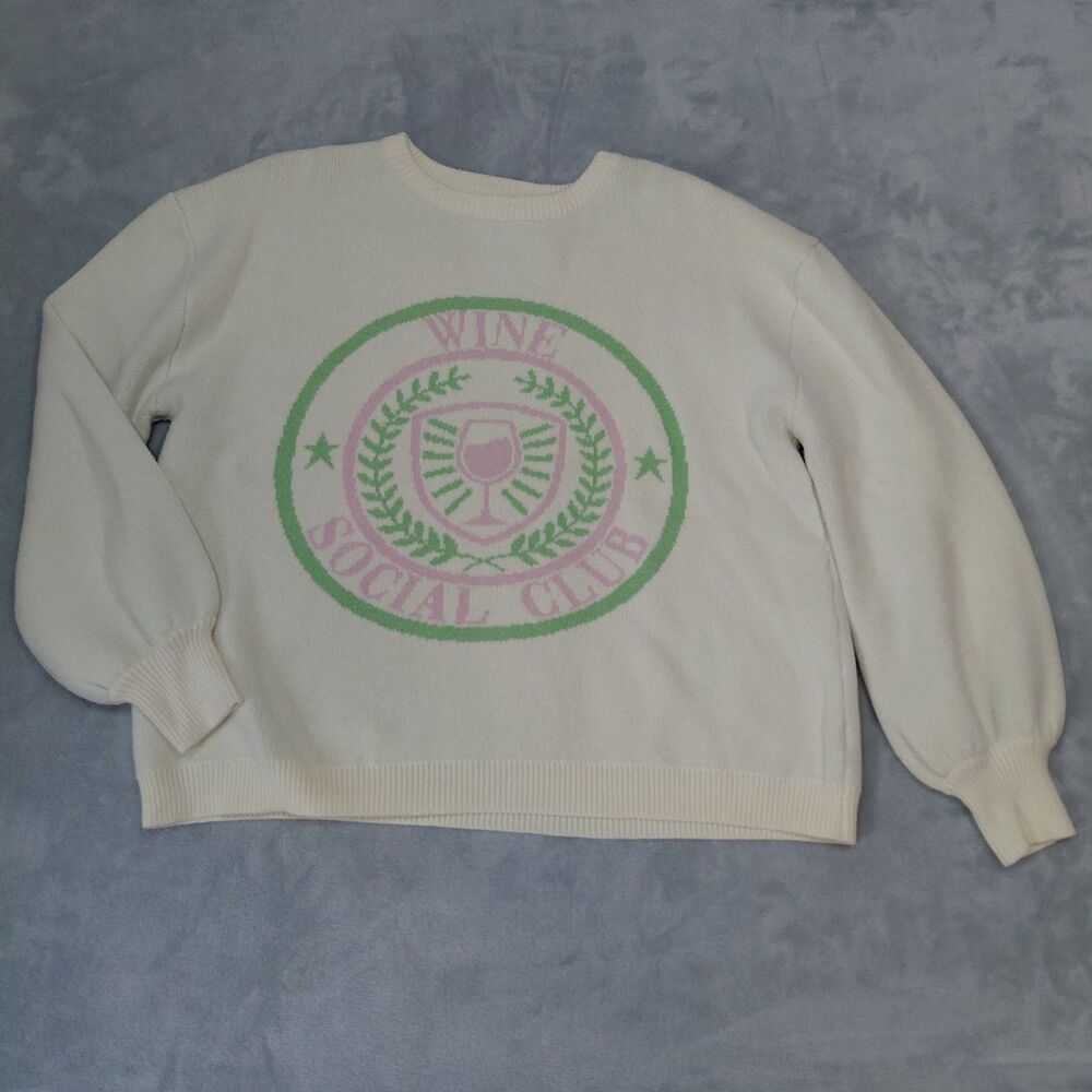Dee Elly Wine Social Club Sweater L Cream Graphic Knit Pullover Balloon Sleeve